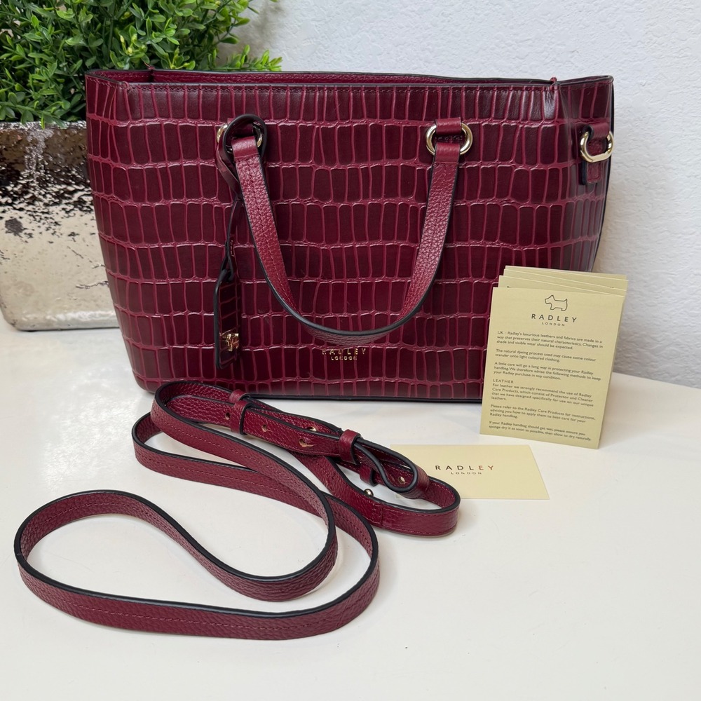 Radley London Etham Mews Satchel Burgundy Croc Embossed Leather Crossbody New